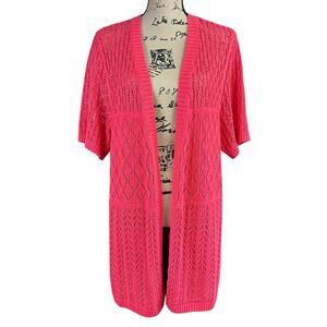 CJ Banks Open Knit Cardigan Women Size 1X Coral Crochet Boho Coastal Chic Top